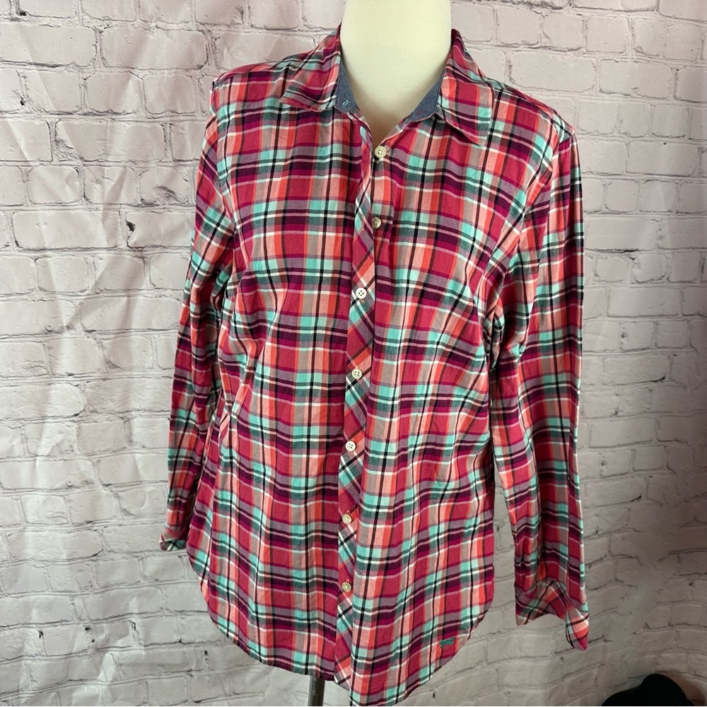 Talbots Vibrant Plaid cotton Shirt womens L business casual layering winter